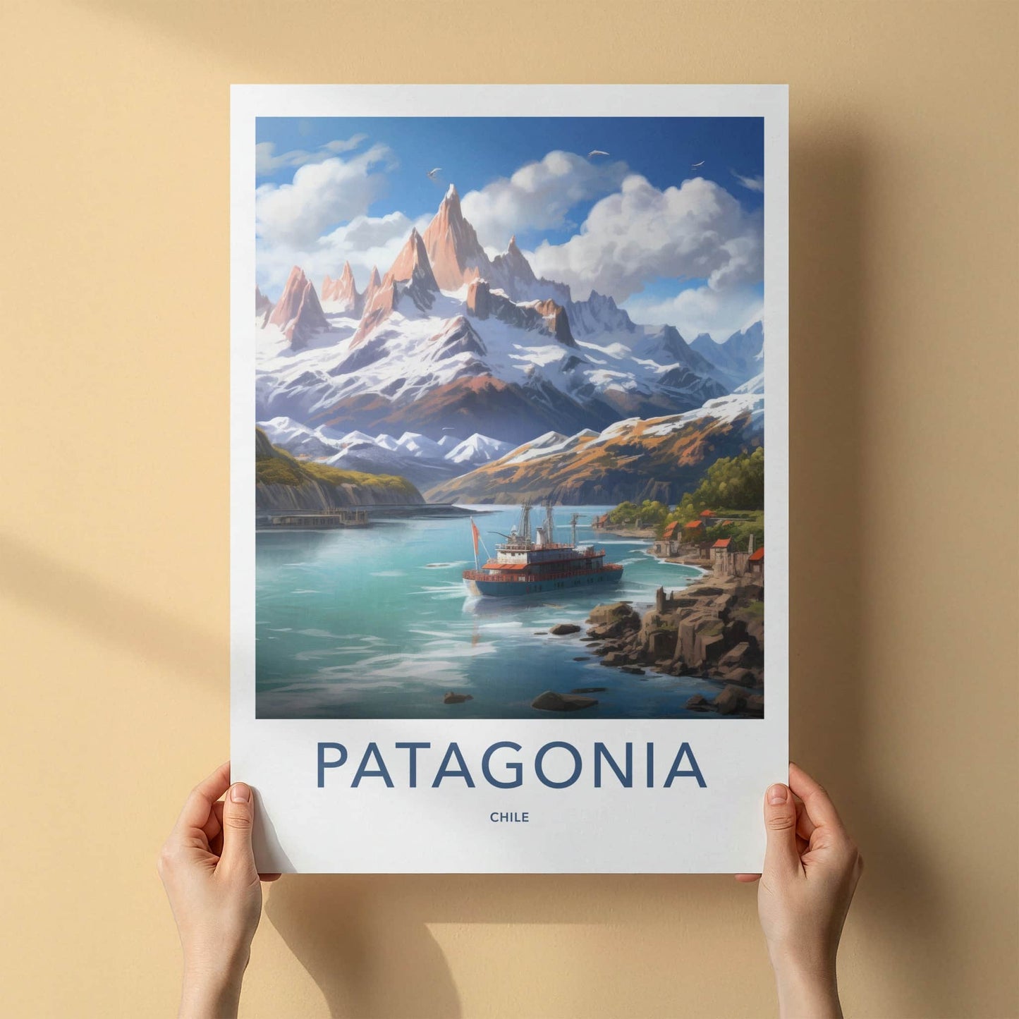 Patagonia Poster - Chile Travel Art - Snowy Mountain Ship Wall Decor