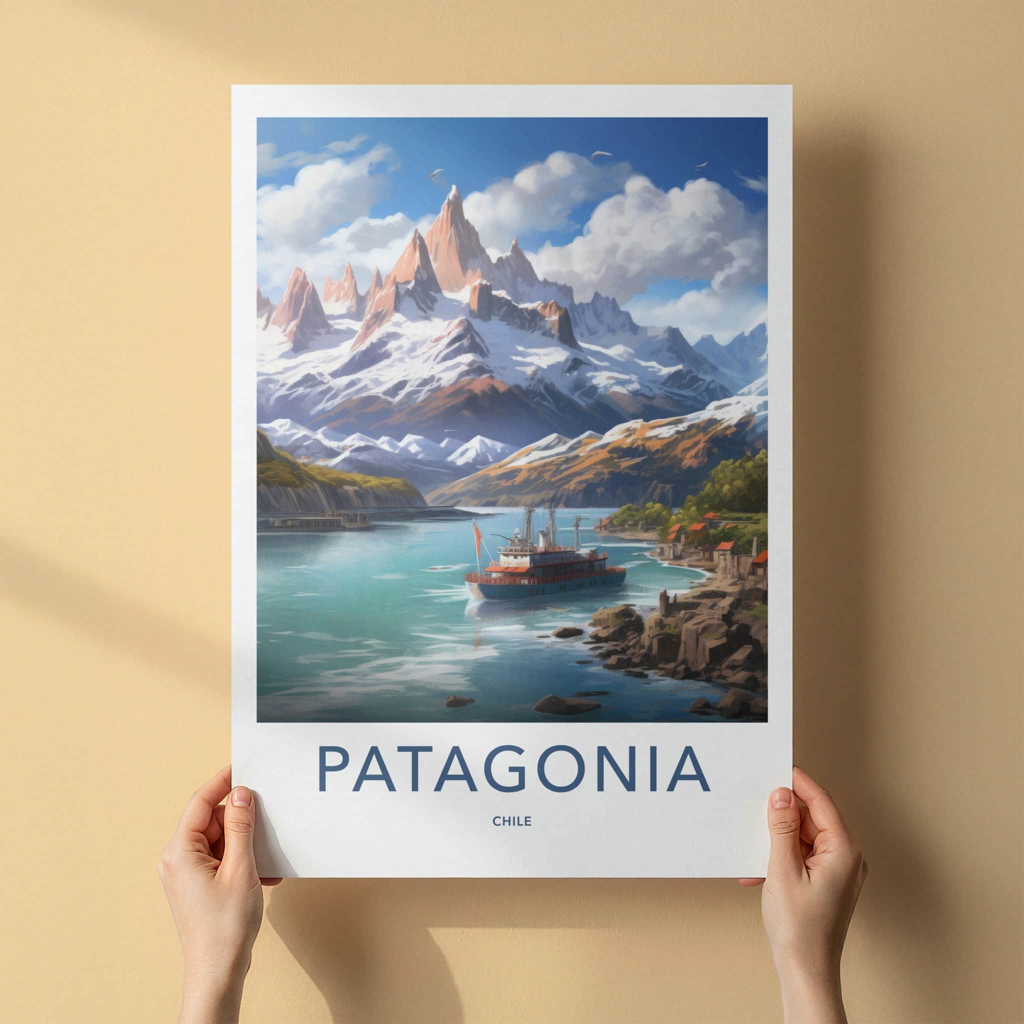 Patagonia Poster - Chile Travel Art - Snowy Mountain Ship Wall Decor