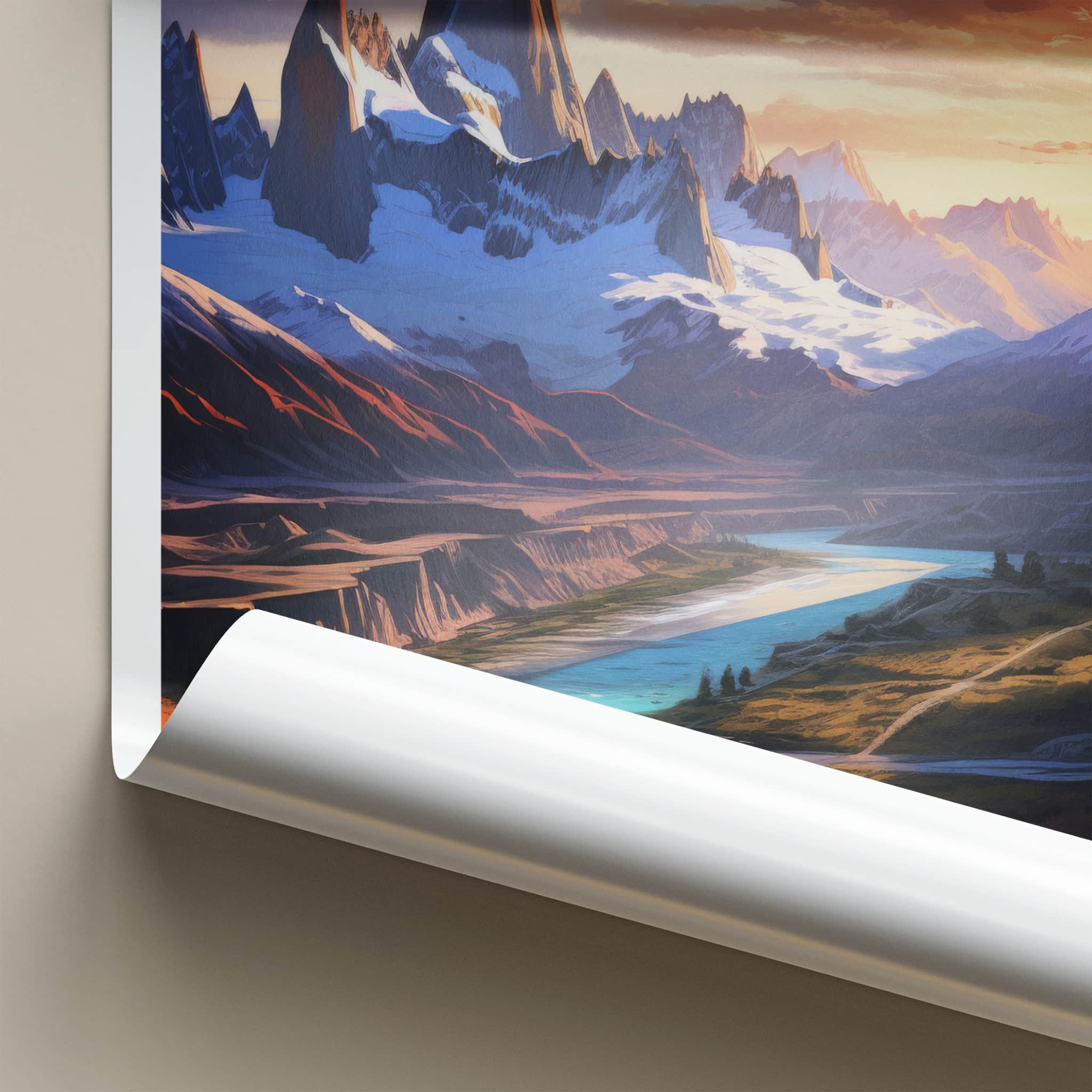 Patagonia Poster - Chile Travel Art - Snowy River Sunset Wall Decor