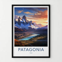 Patagonia Poster - Chile Travel Art - Snowy River Sunset Wall Decor