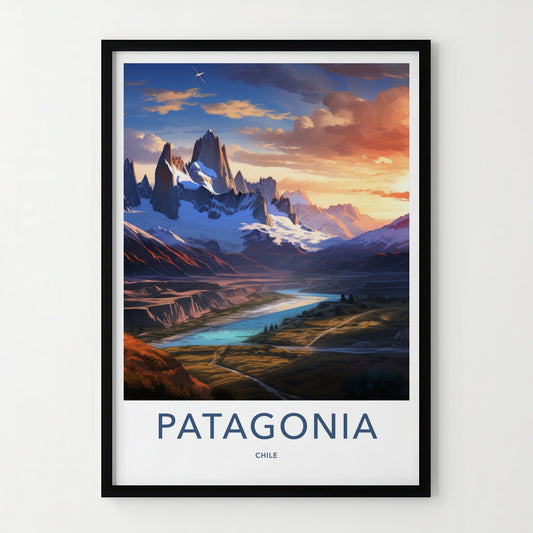 Patagonia Poster - Chile Travel Art - Snowy River Sunset Wall Decor