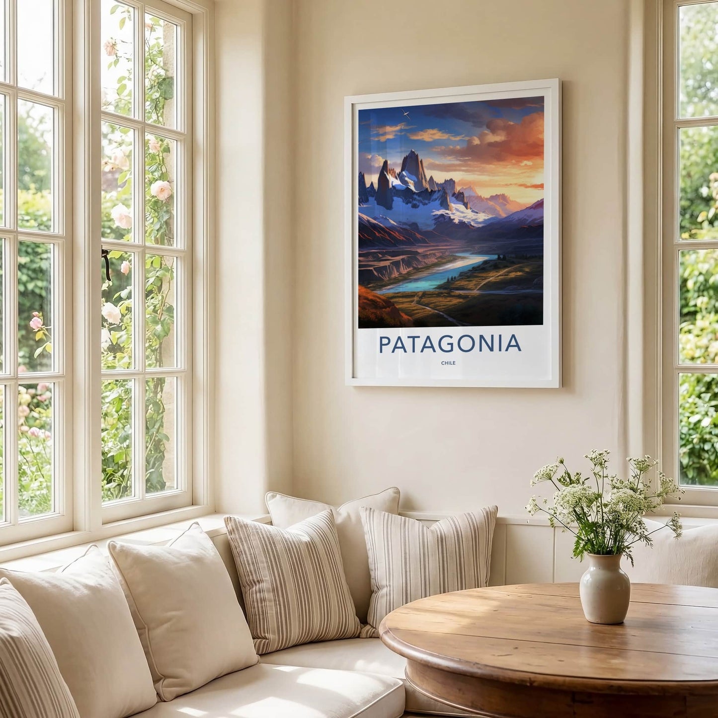 Patagonia Poster - Chile Travel Art - Snowy River Sunset Wall Decor