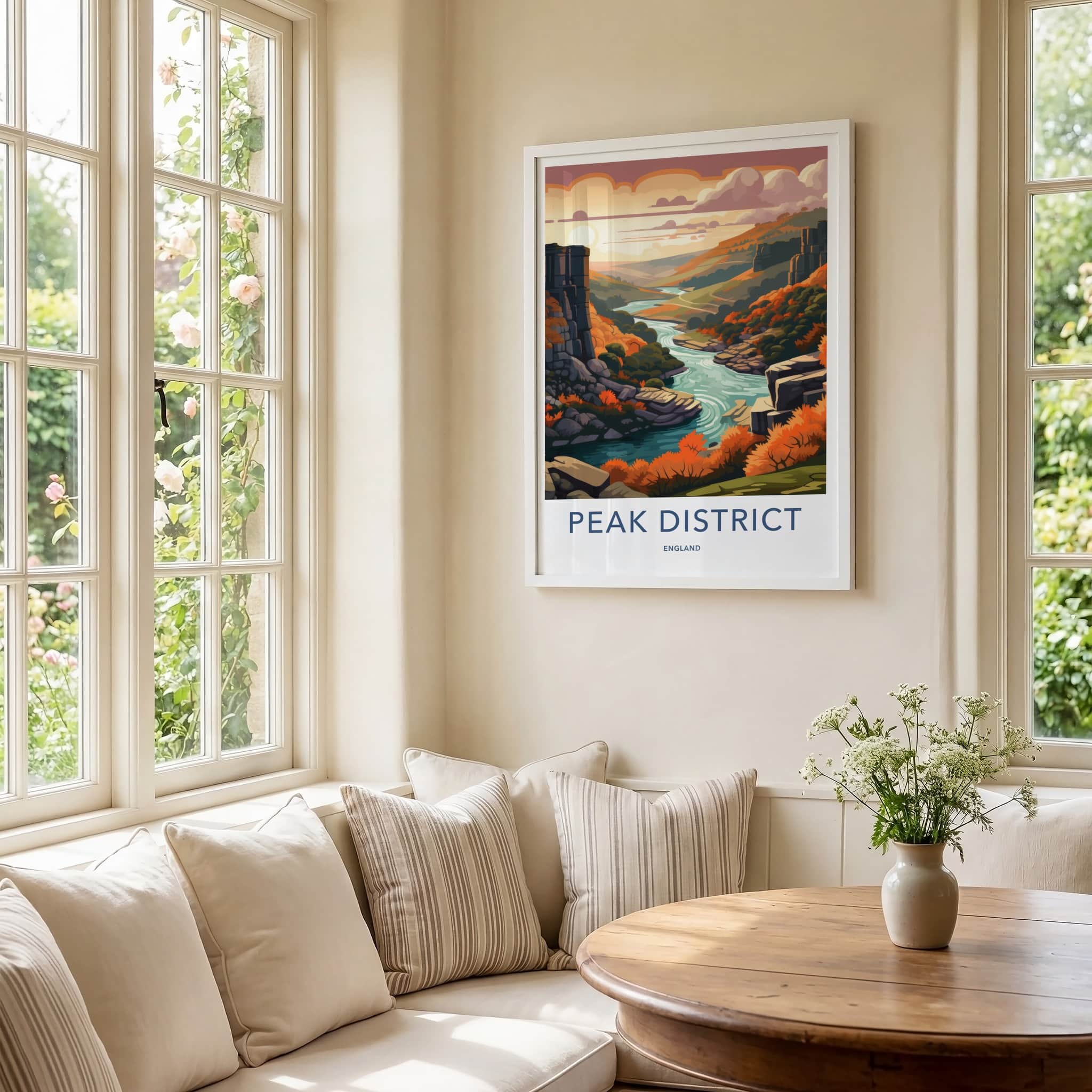 Peak District Poster - England Travel Art - Autumn River Valley Home Decor