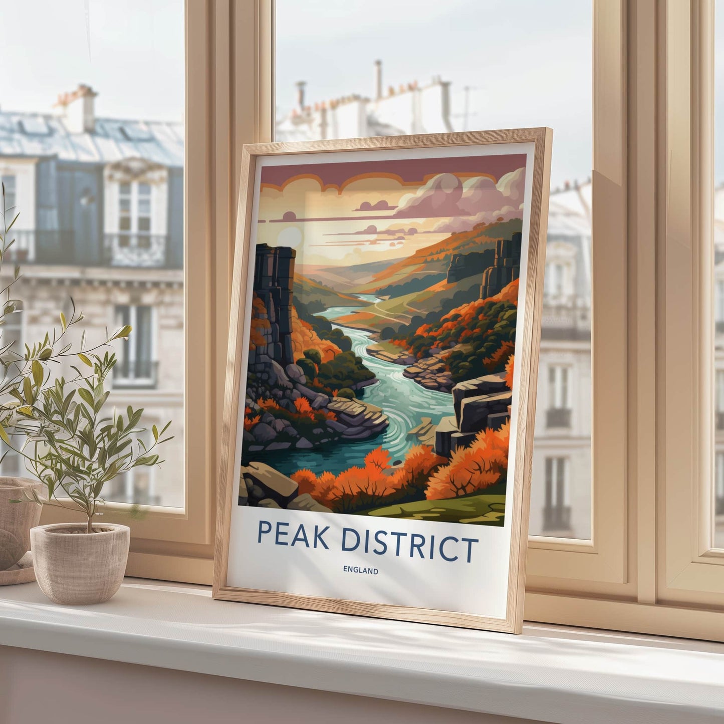 Peak District Poster - England Travel Art - Autumn River Valley Home Decor