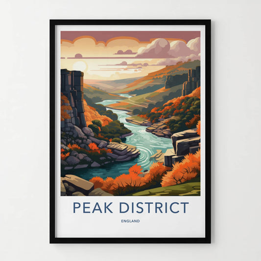 Peak District Poster - England Travel Art - Autumn River Valley Home Decor