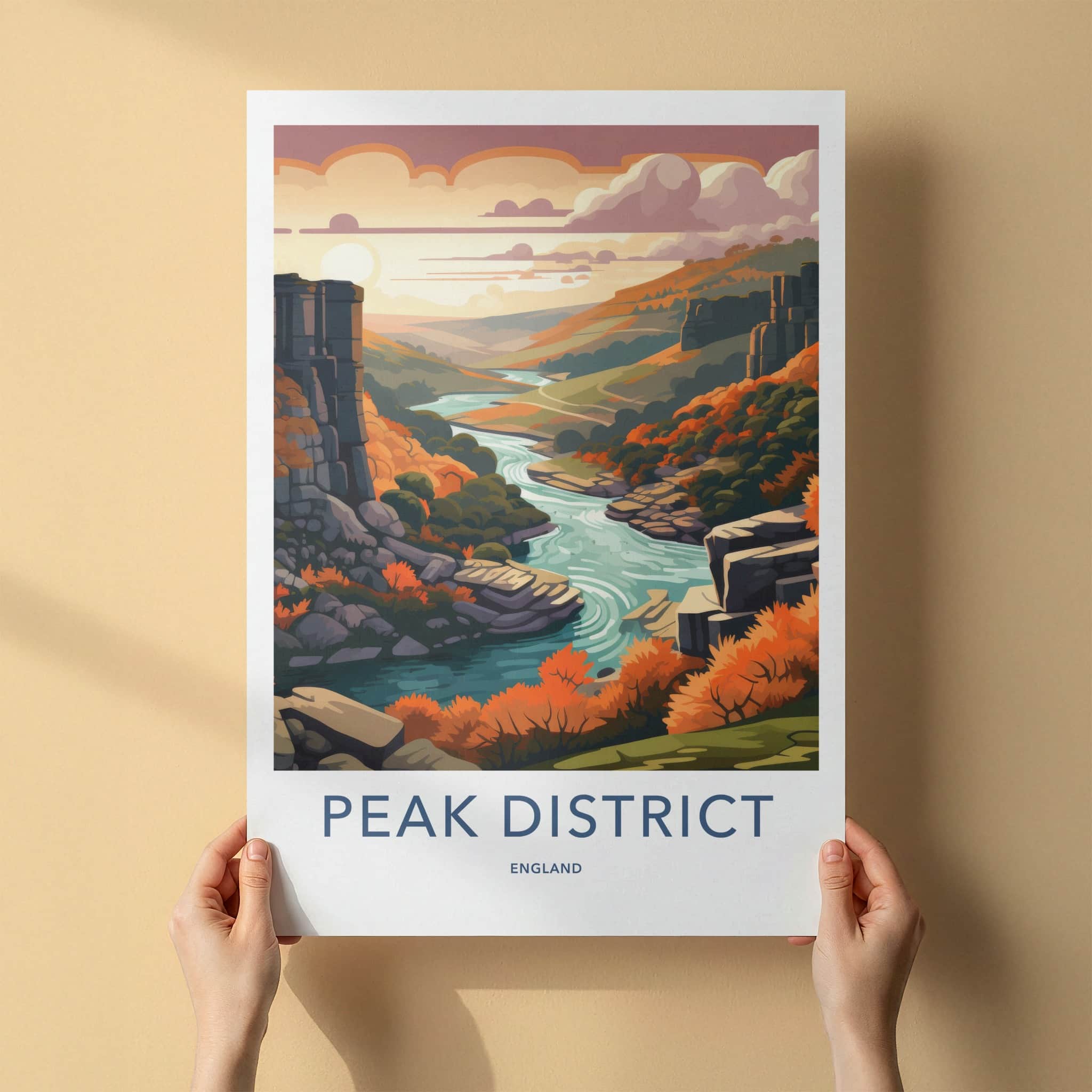 Peak District Poster - England Travel Art - Autumn River Valley Home Decor