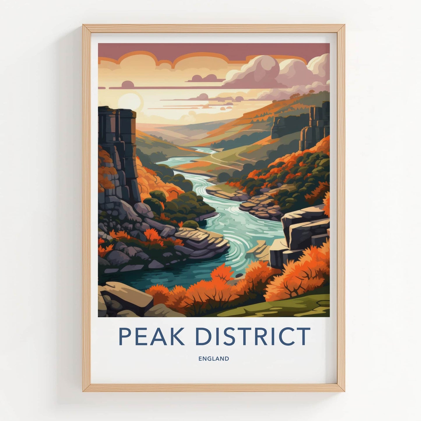 Peak District Poster - England Travel Art - Autumn River Valley Home Decor