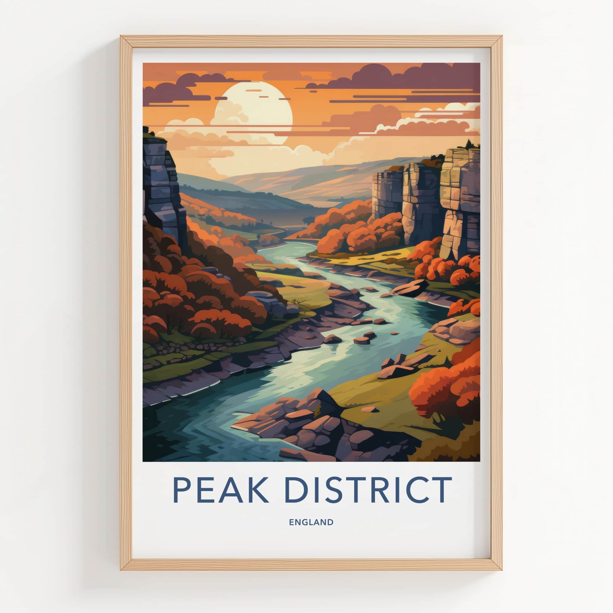Peak District Poster - England Travel Art - Autumn River Valley Home Decor