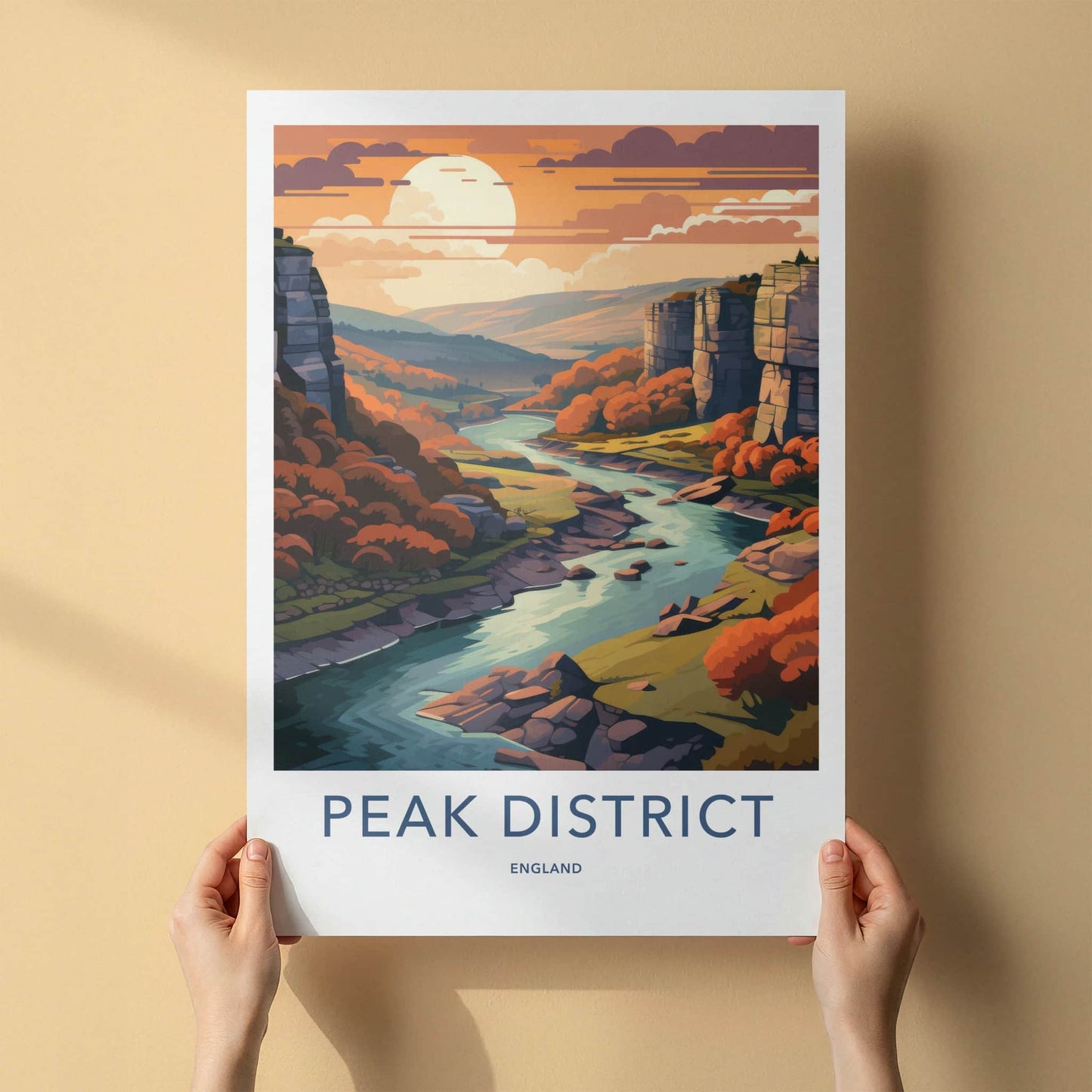 Peak District Poster - England Travel Art - Autumn River Valley Home Decor