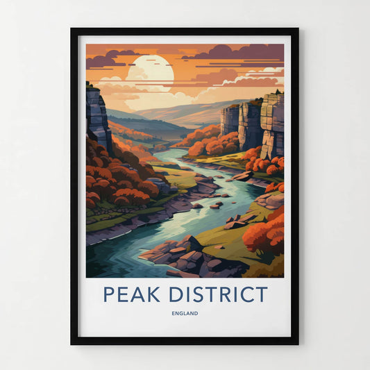 Peak District Poster - England Travel Art - Autumn River Valley Home Decor