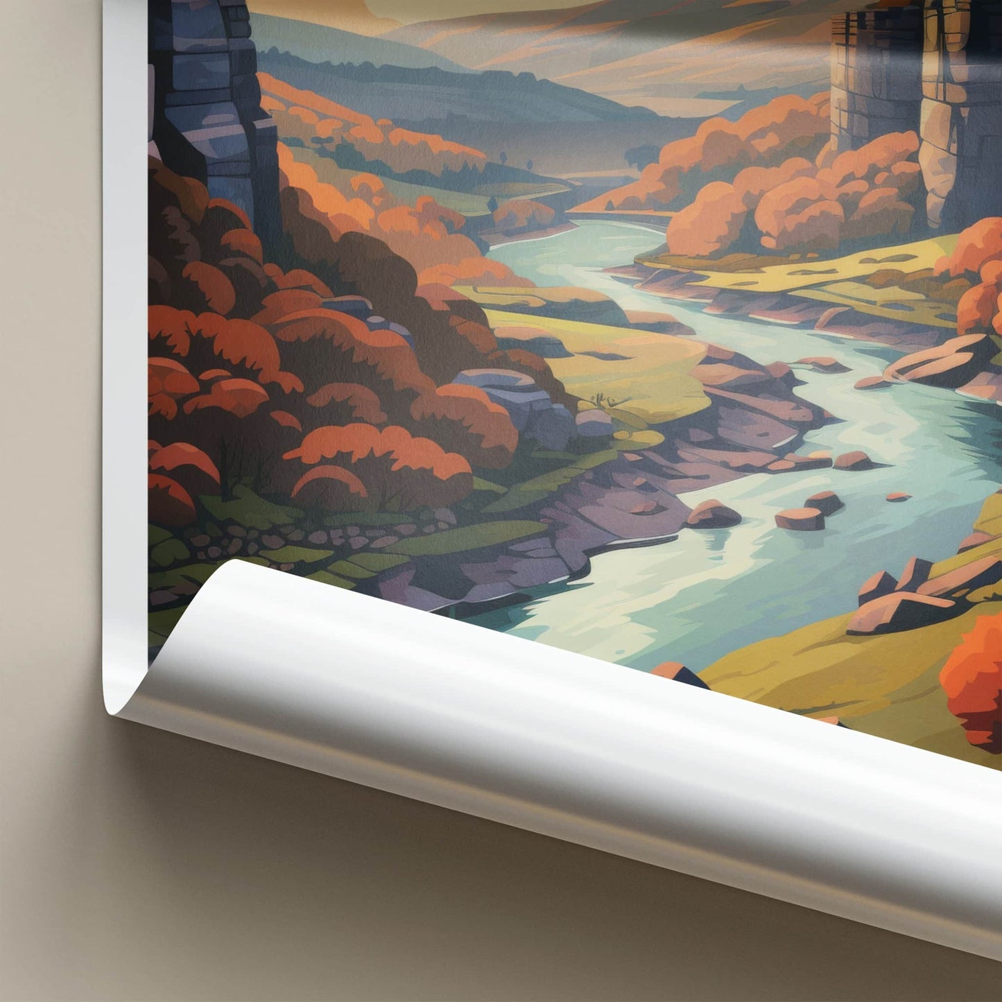 Peak District Poster - England Travel Art - Autumn River Valley Home Decor
