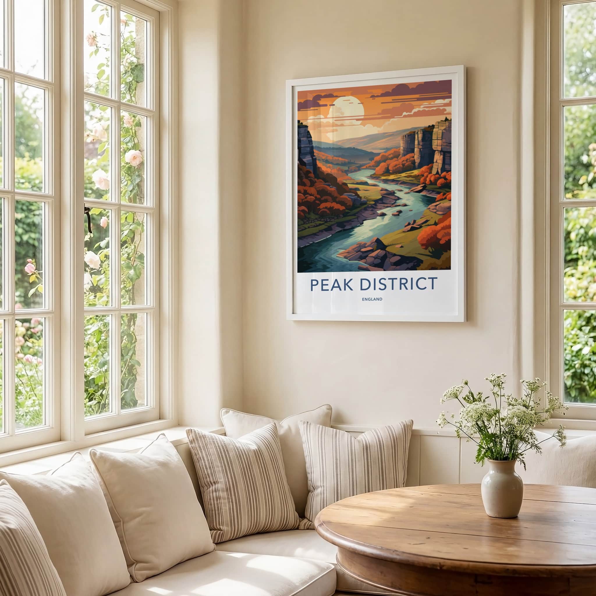 Peak District Poster - England Travel Art - Autumn River Valley Home Decor