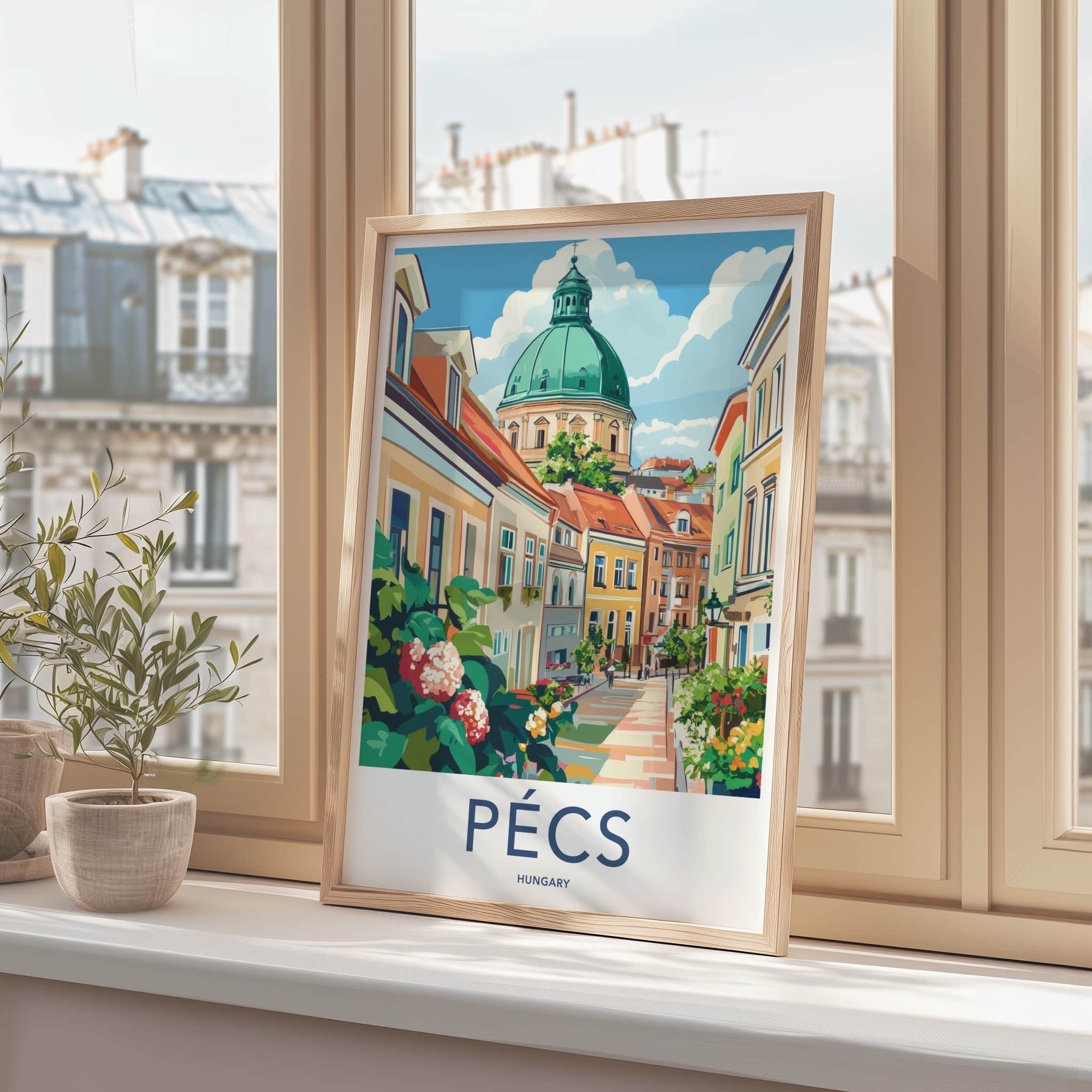 Pecs Poster - Hungary Framed Print - Vibrant Street Domed Lounge Decor