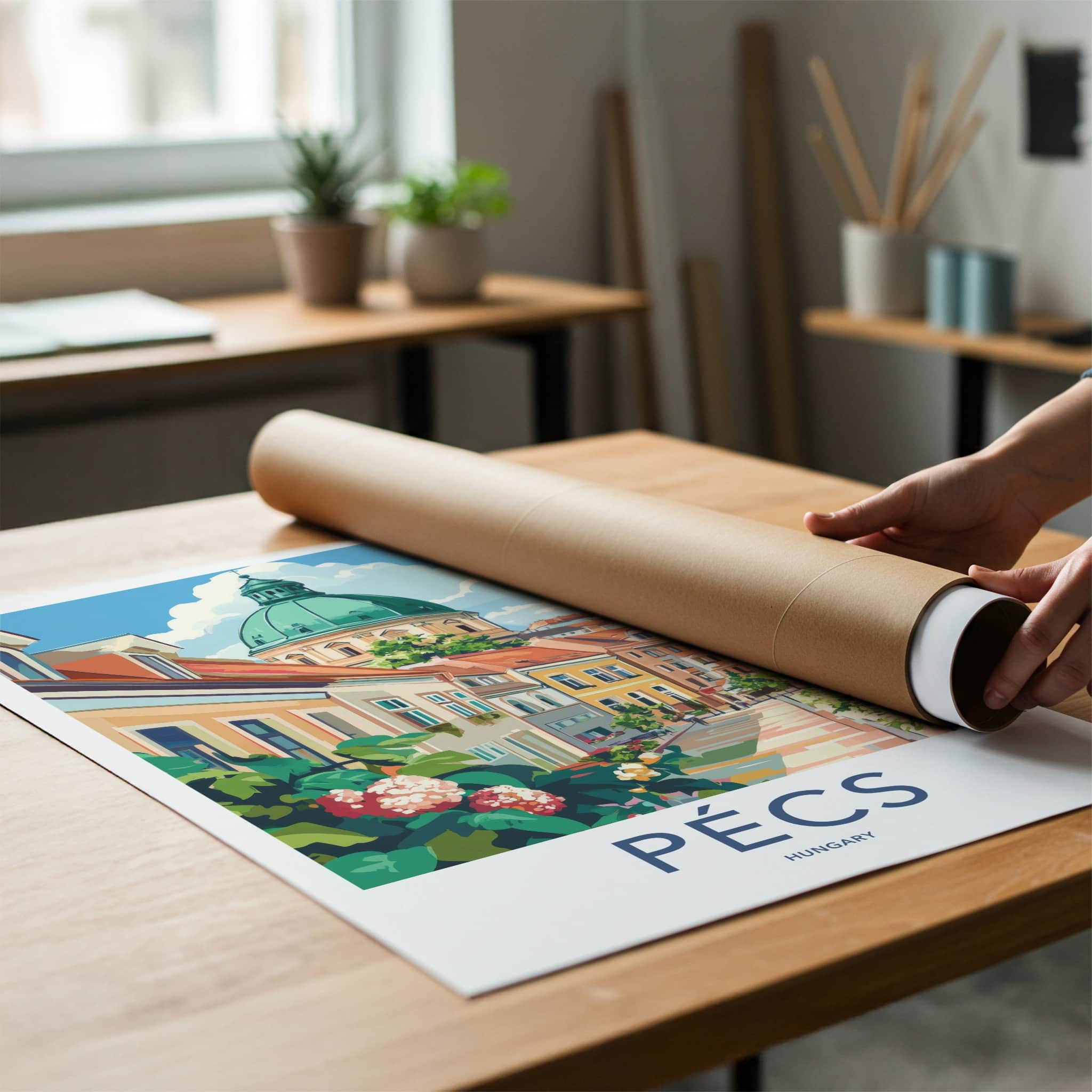 Pecs Poster - Hungary Framed Print - Vibrant Street Domed Lounge Decor