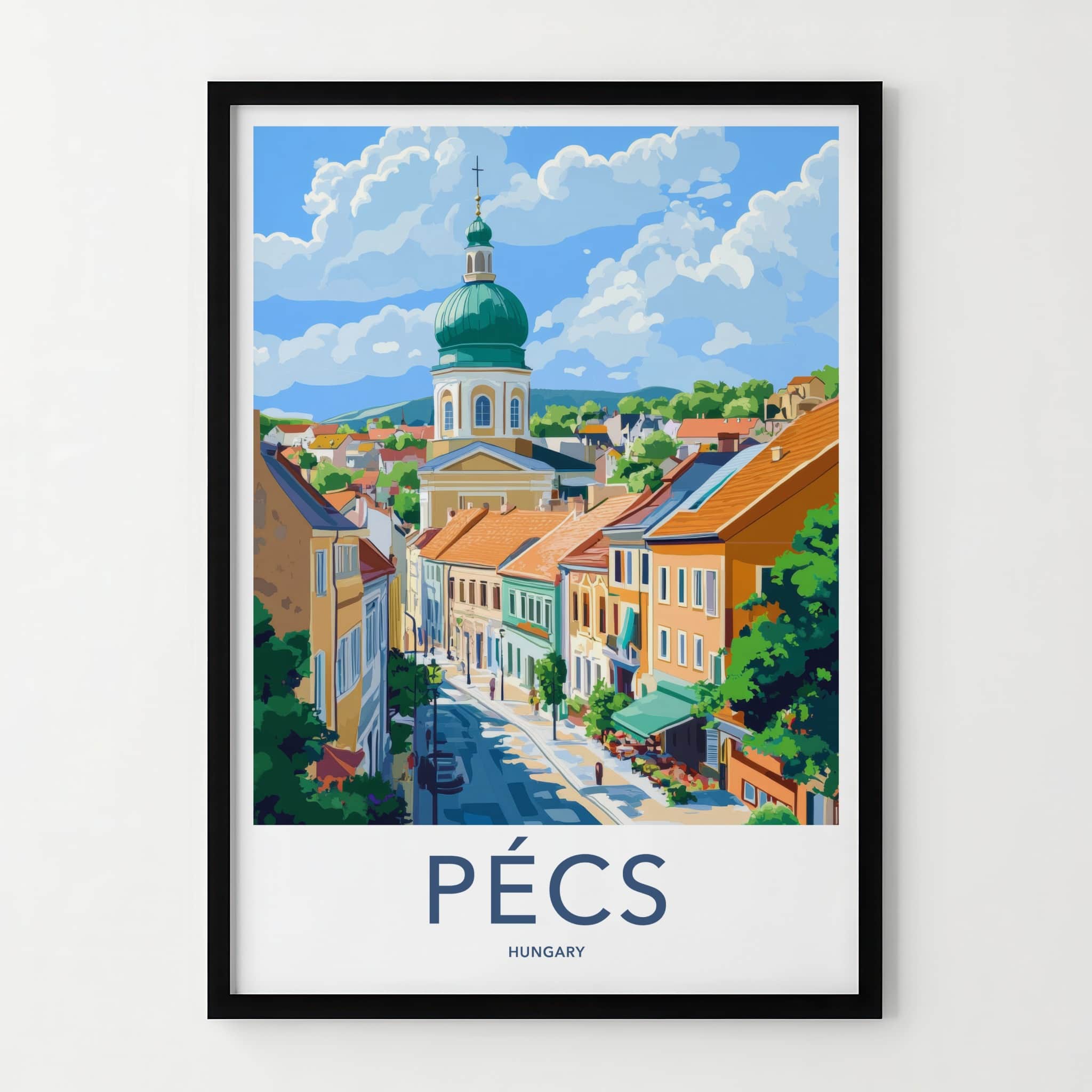 Pecs Poster - Hungary Framed Print - Vibrant Townscape Dome Framed Decor