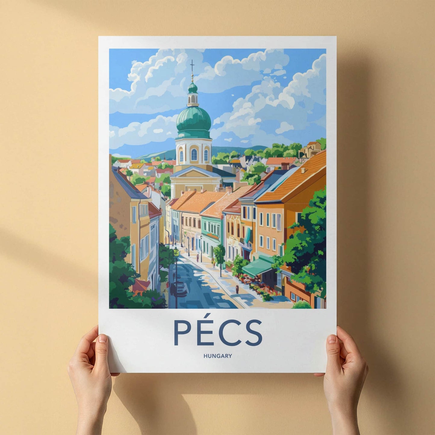 Pecs Poster - Hungary Framed Print - Vibrant Townscape Dome Framed Decor