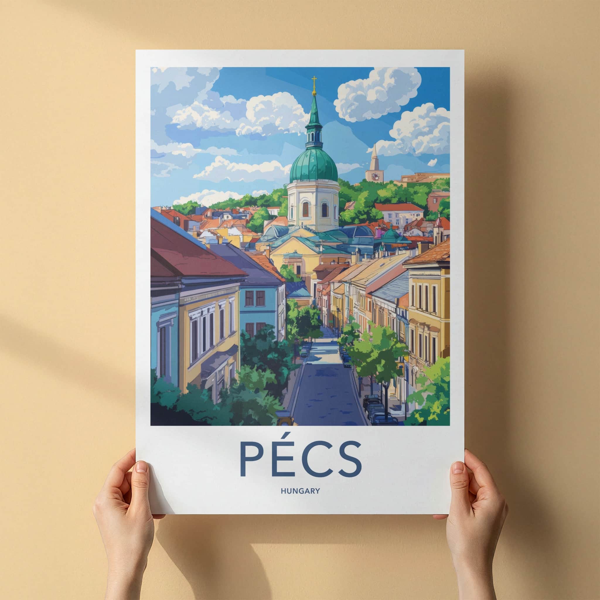 Pecs Poster - Hungary Travel Art - Colorful Cityscape Dome Wall Decor