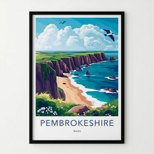 Pembrokeshire Poster - Wales Travel Art - Coastal Cliff Beach Home Decor