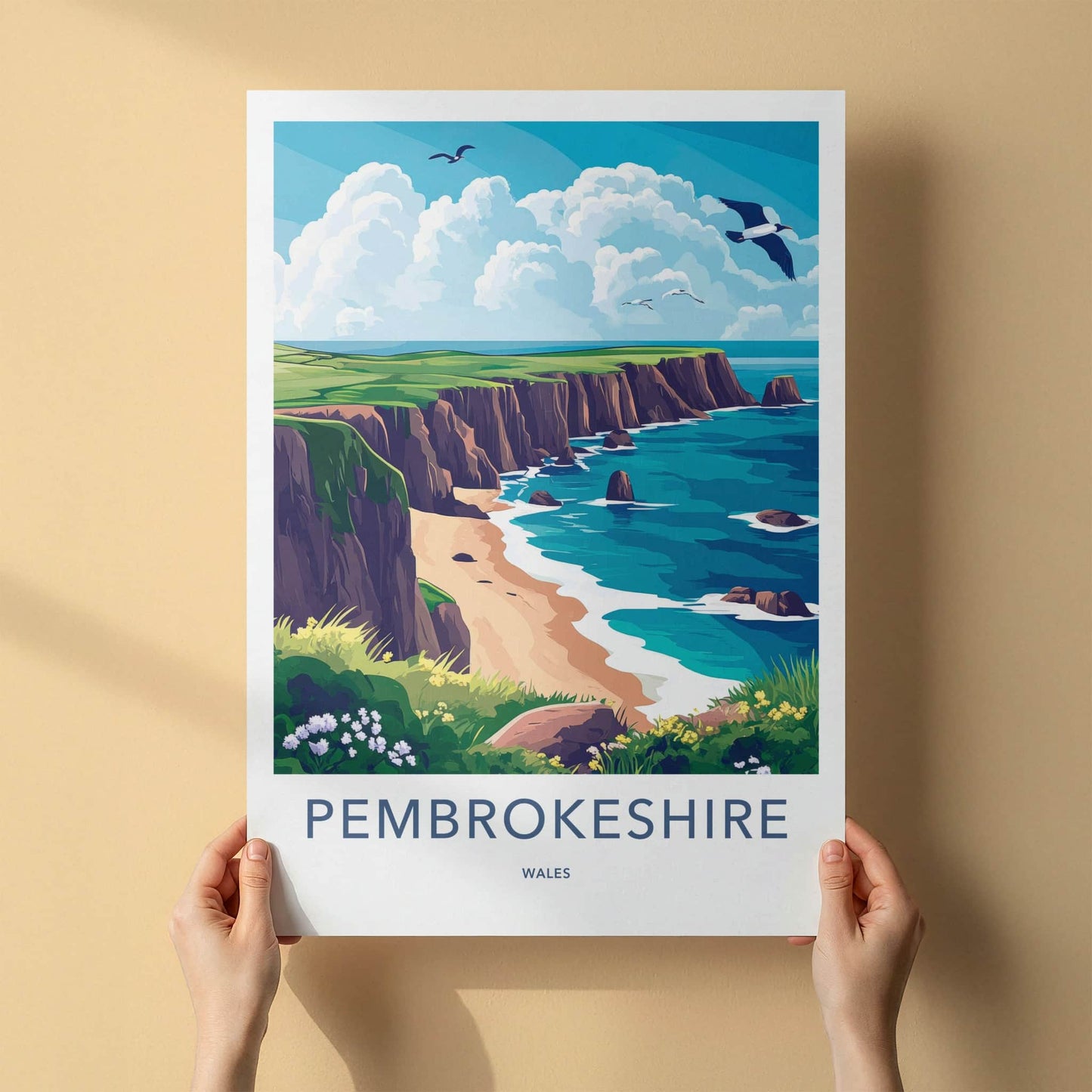 Pembrokeshire Poster - Wales Travel Art - Coastal Cliff Beach Home Decor