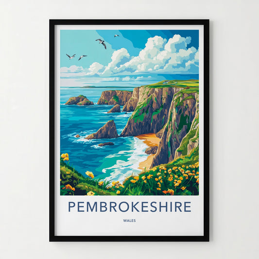 Pembrokeshire Poster - Wales Travel Art - Ocean Cliffs Flowers Home Decor