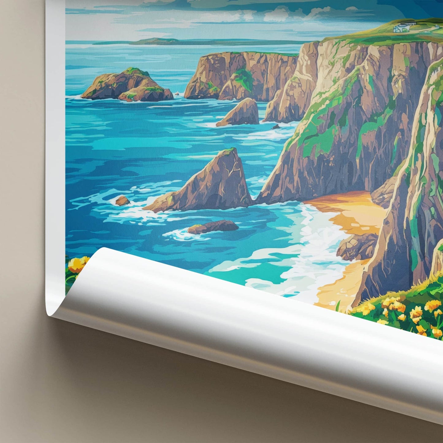 Pembrokeshire Poster - Wales Travel Art - Ocean Cliffs Flowers Home Decor