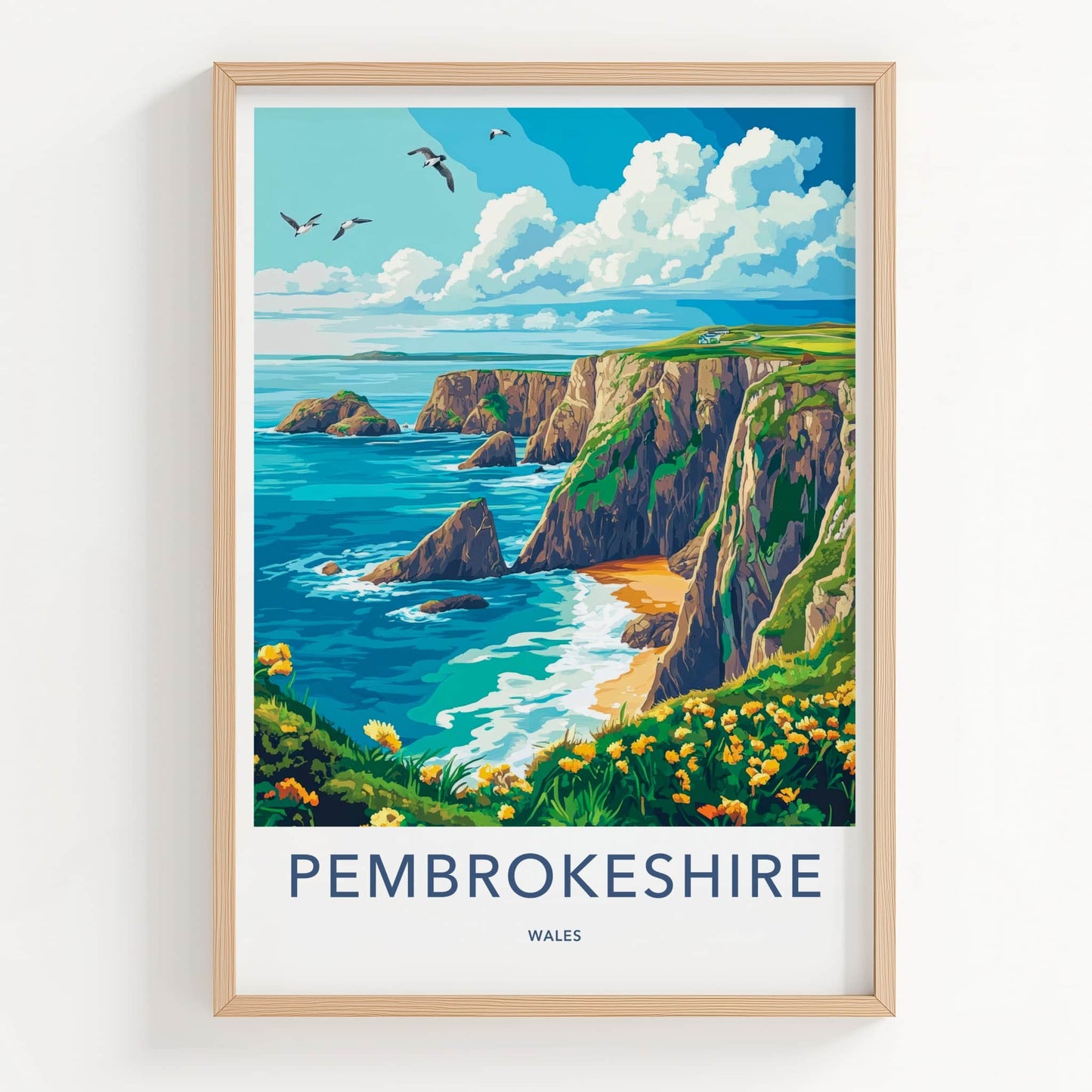 Pembrokeshire Poster - Wales Travel Art - Ocean Cliffs Flowers Home Decor