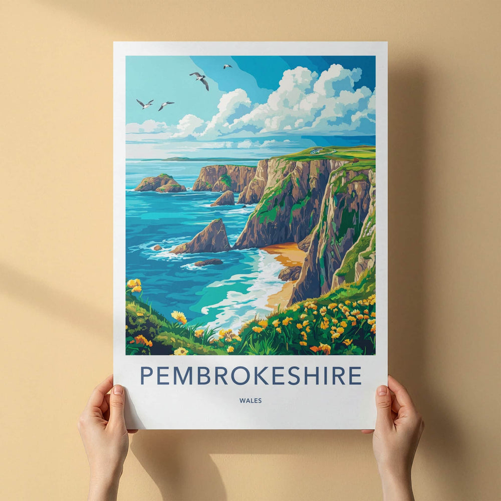Pembrokeshire Poster - Wales Travel Art - Ocean Cliffs Flowers Home Decor