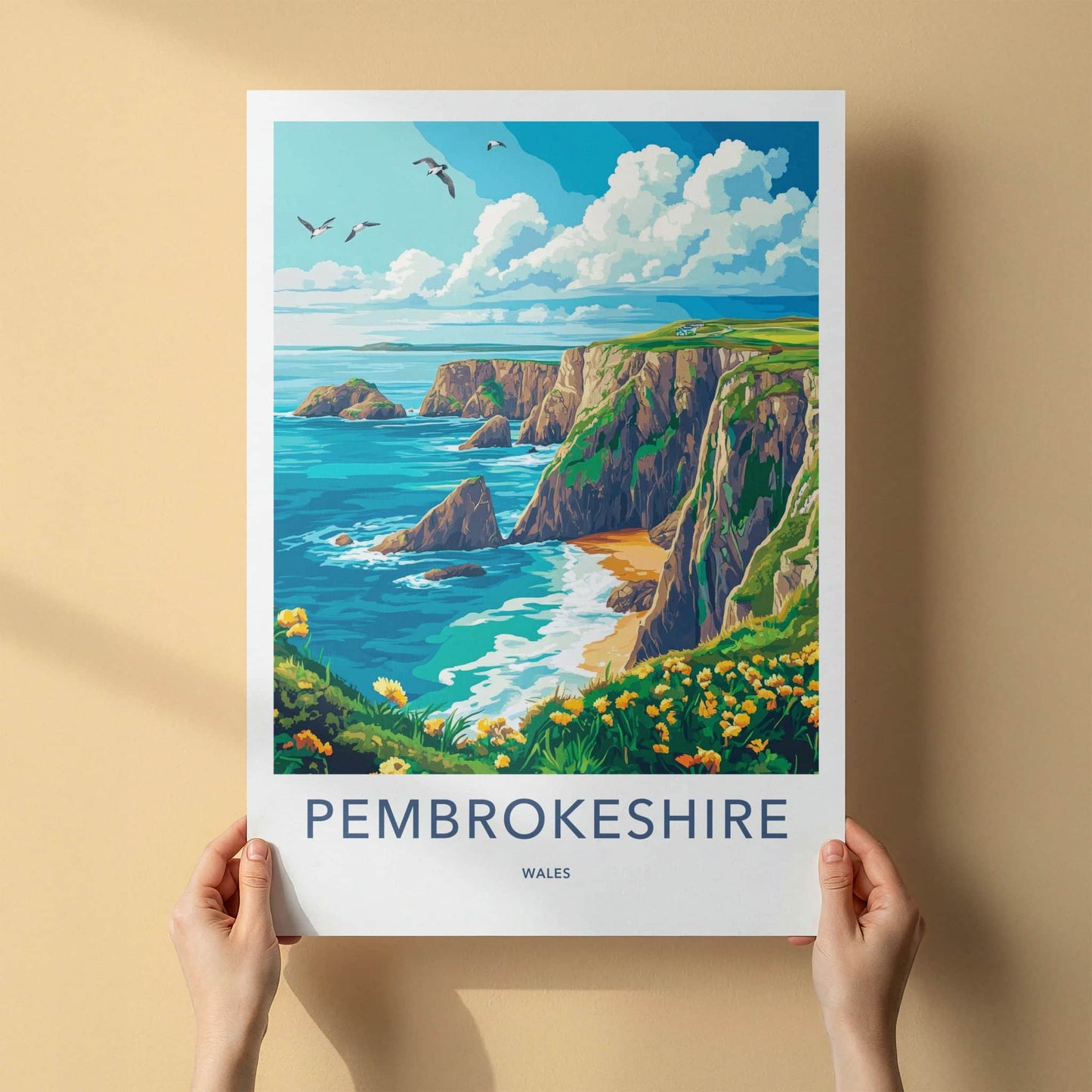 Pembrokeshire Poster - Wales Travel Art - Ocean Cliffs Flowers Home Decor