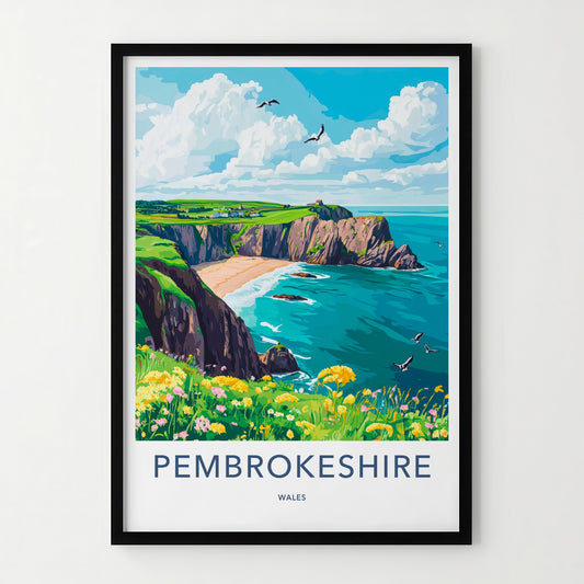Pembrokeshire Poster - Wales Travel Art - Scenic Beach Coastline Home Decor