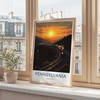 Pennsylvania Poster - Pennsylvania Travel Art - Sunset Train Mountains Home Decor