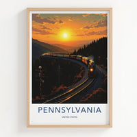 Pennsylvania Poster - Pennsylvania Travel Art - Sunset Train Mountains Home Decor