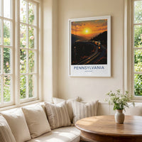 Pennsylvania Poster - Pennsylvania Travel Art - Sunset Train Mountains Home Decor