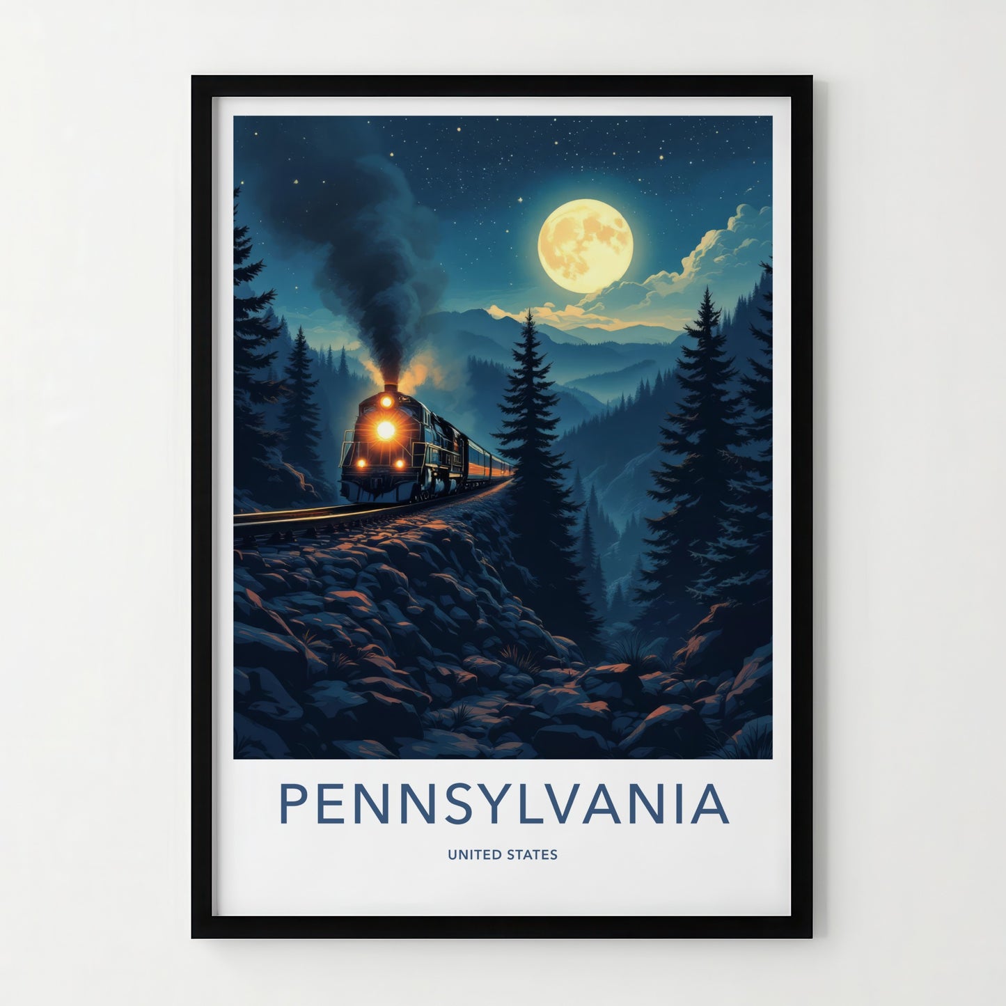 Pennsylvania Poster - Pennsylvania Travel Print - Moonlit Mountain Train Home Decor