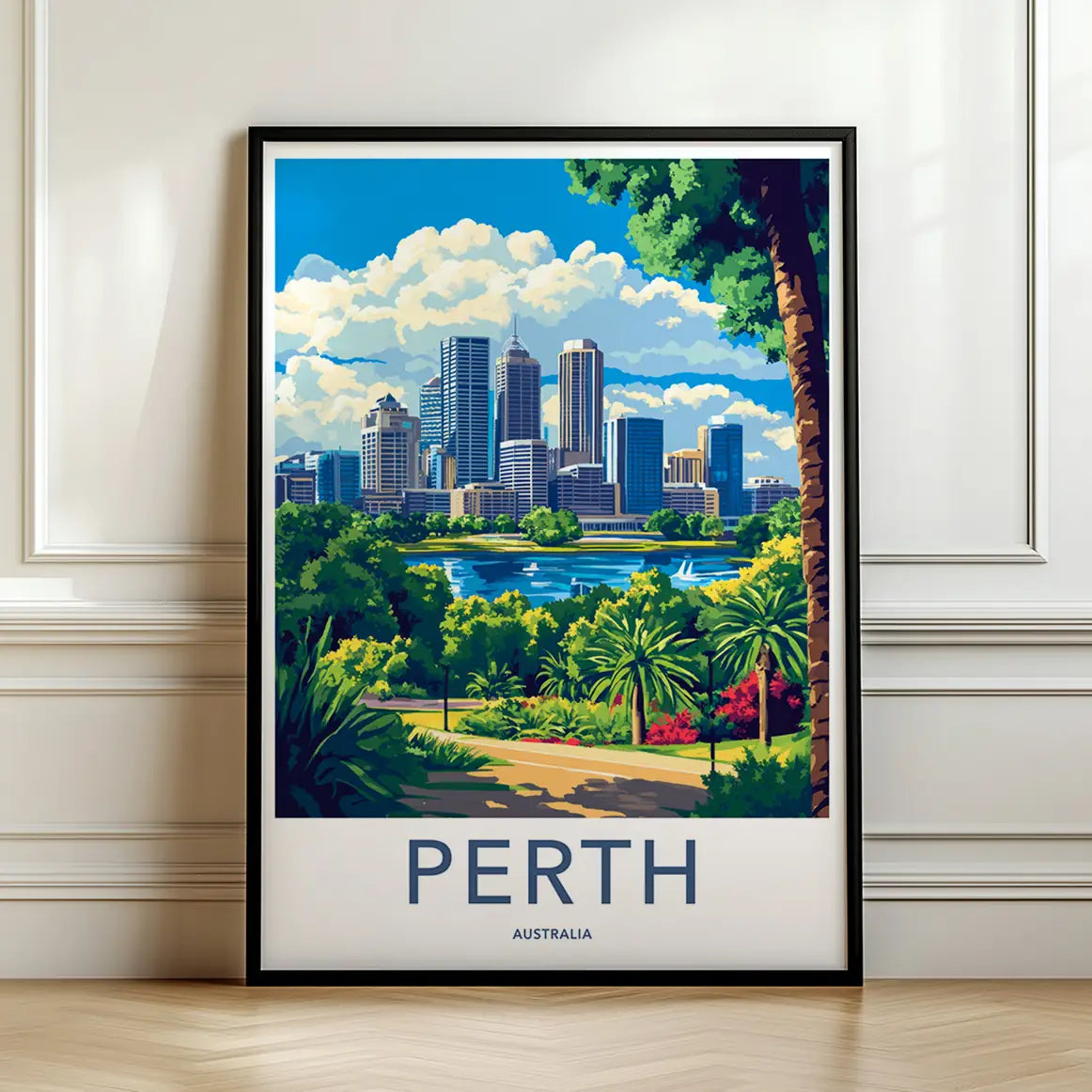 Framed artwork of Perth cityscape with trees and lake on a white wall.