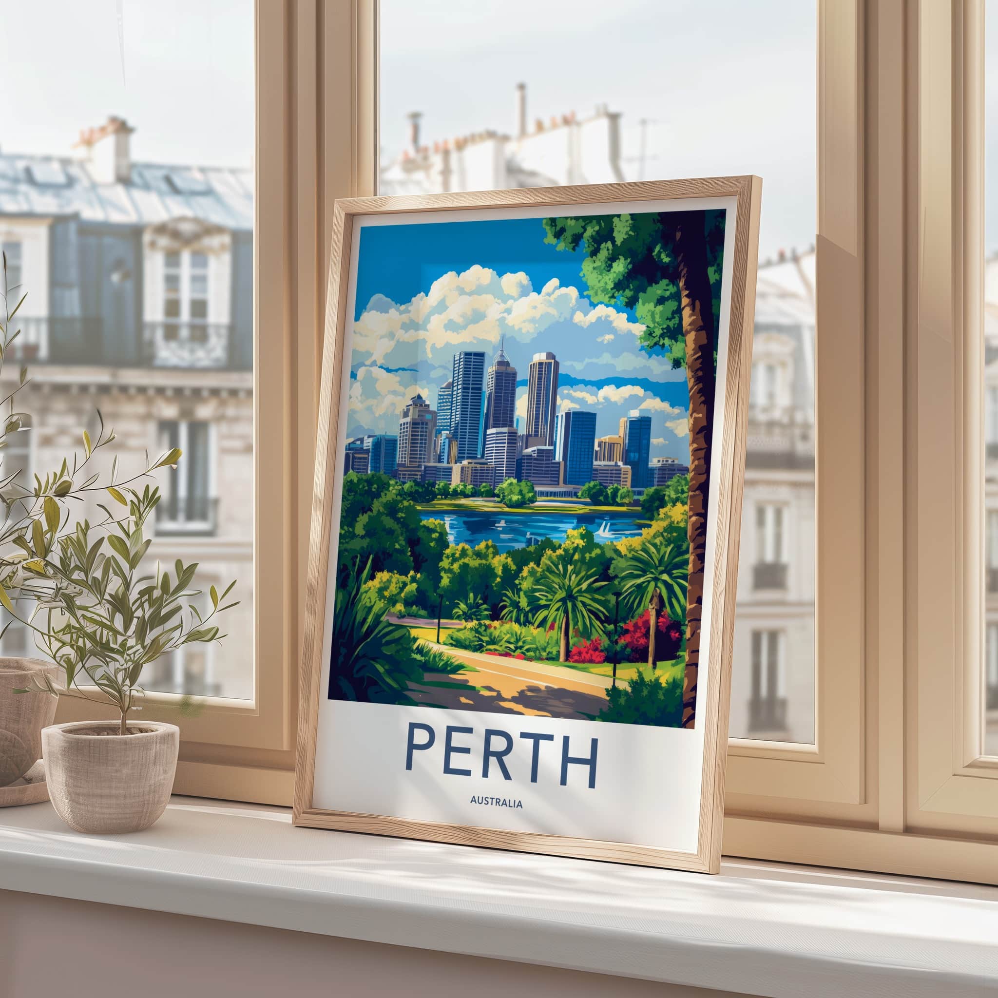 Perth Poster - Australia Travel Art - Lush park cityscape Home Decor