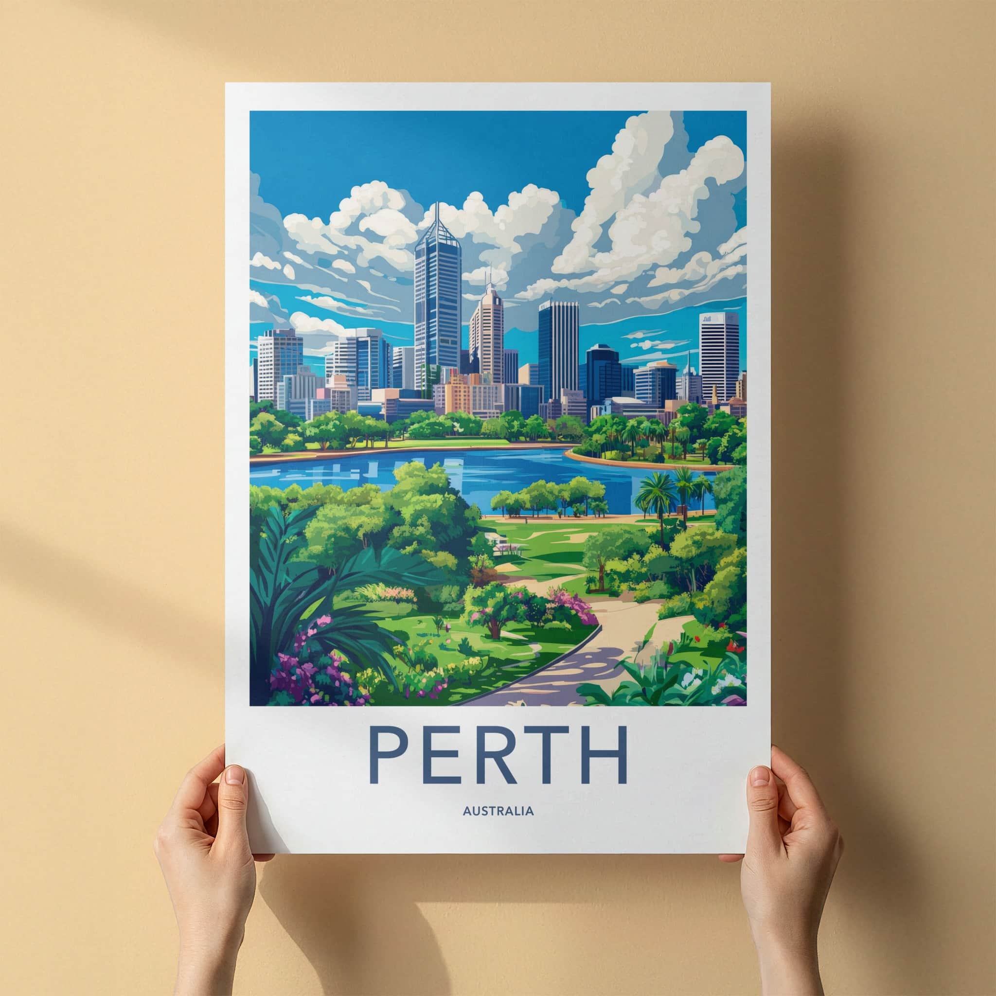 Perth Poster - Australia Travel Art - Skyscraper River Gardens Home Decor