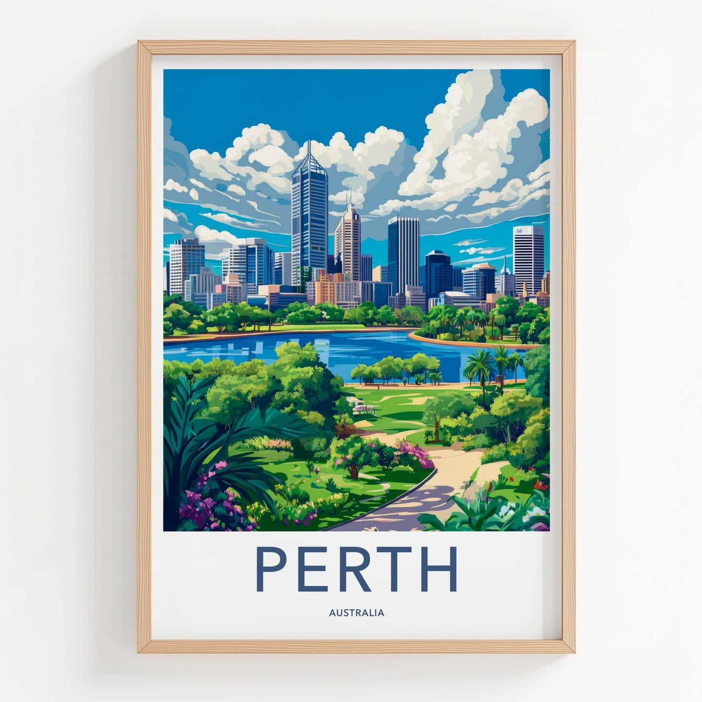 Perth Poster - Australia Travel Art - Skyscraper River Gardens Home Decor