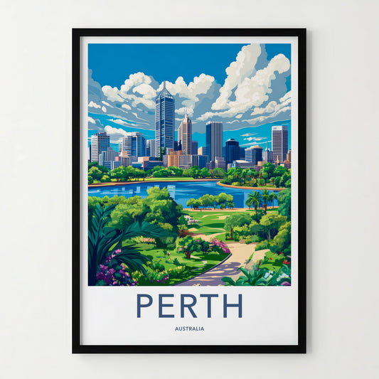 Perth Poster - Australia Travel Art - Skyscraper River Gardens Home Decor