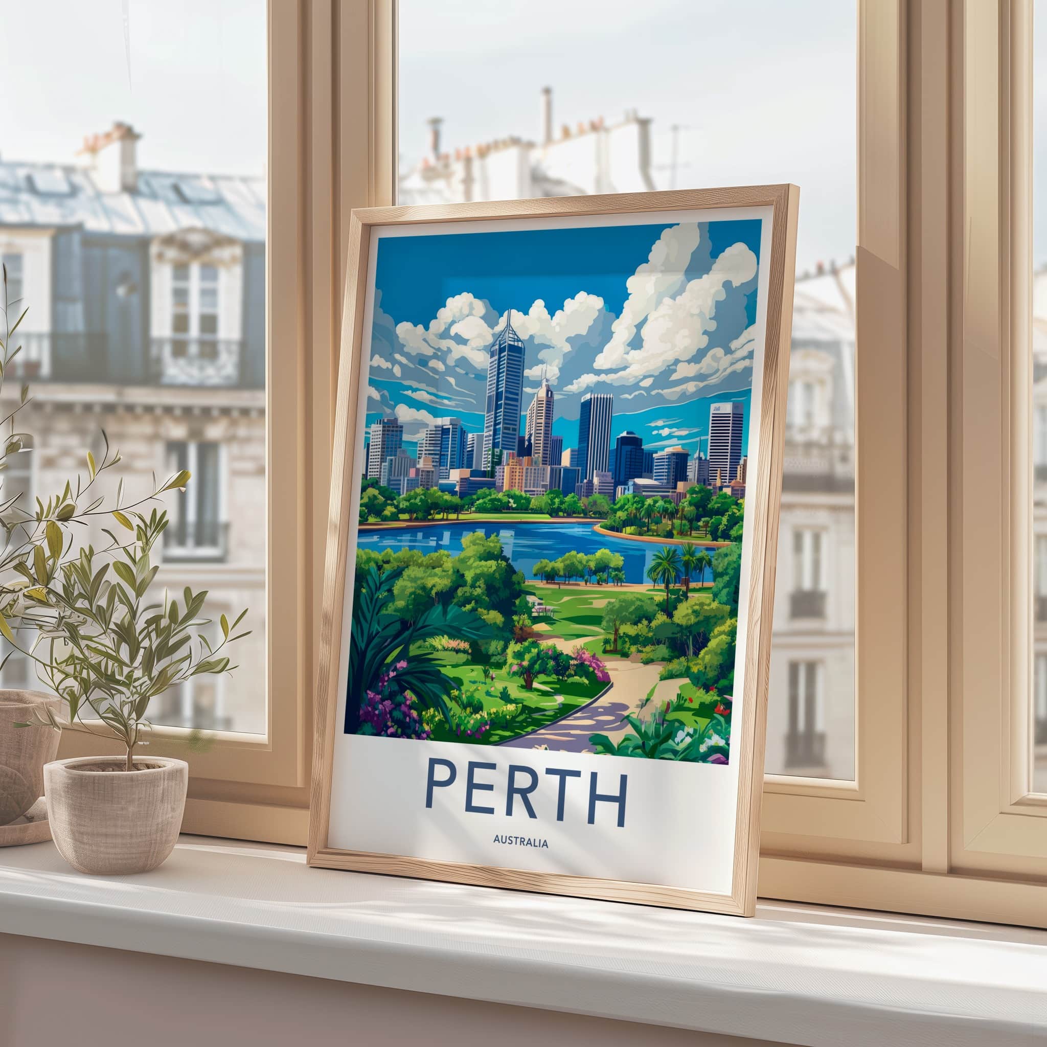 Perth Poster - Australia Travel Art - Skyscraper River Gardens Home Decor