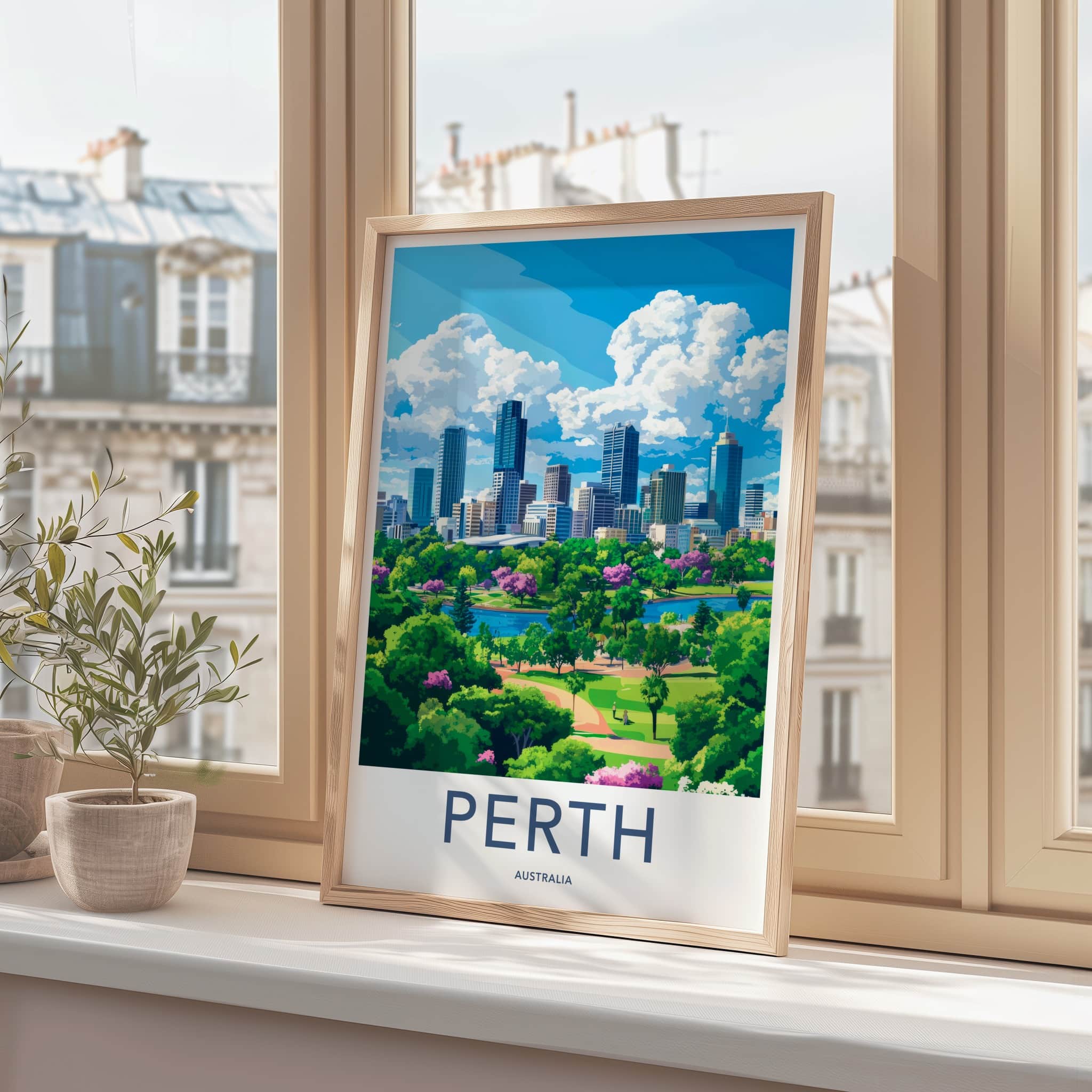 Perth Poster - Australia Travel Print - Green Urban Waterfront Home Decor