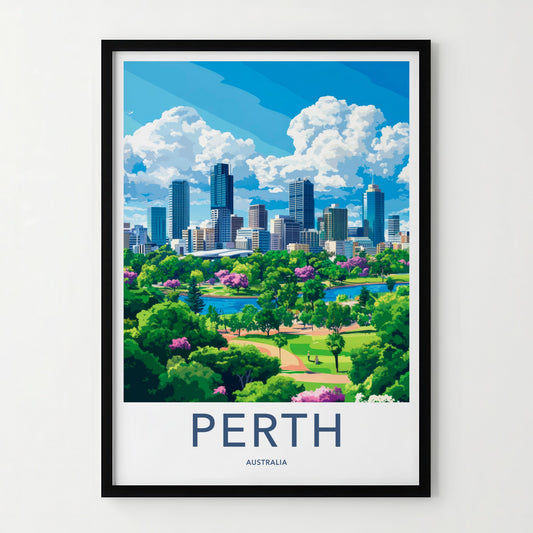 Perth Poster - Australia Travel Print - Green Urban Waterfront Home Decor