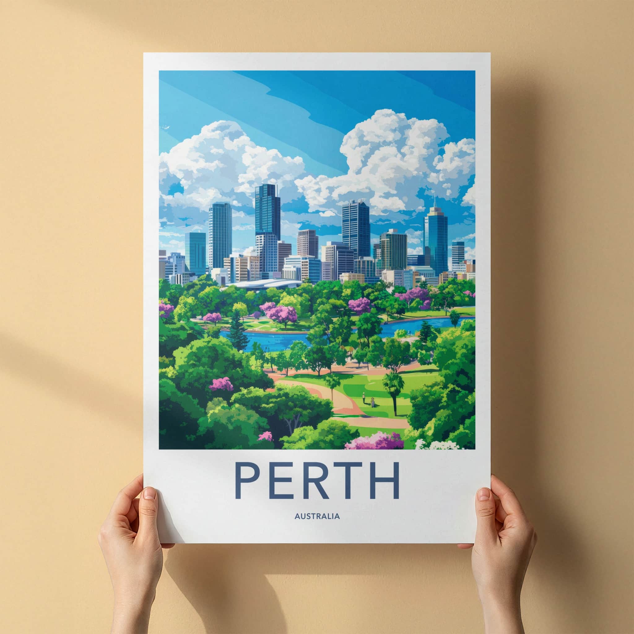 Perth Poster - Australia Travel Print - Green Urban Waterfront Home Decor