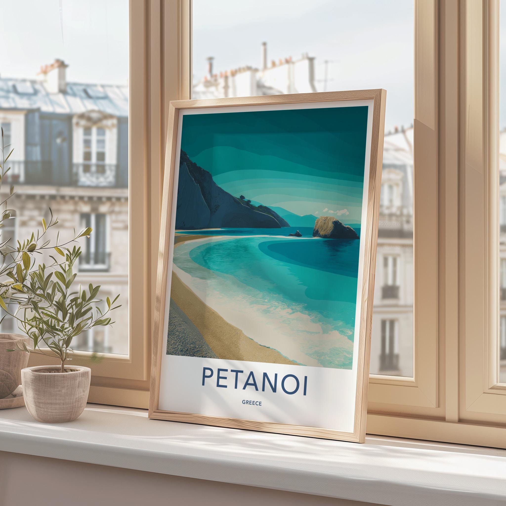Petanoi Poster - Greece Framed Art - Turquoise Beach Cliffs Framed Decor