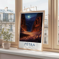 Petra Poster - Jordan Travel Art - Ancient Treasury Illuminated Home Decor
