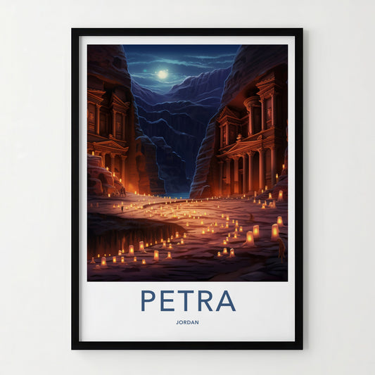 Petra Poster - Jordan Travel Art - Ancient Treasury Illuminated Home Decor