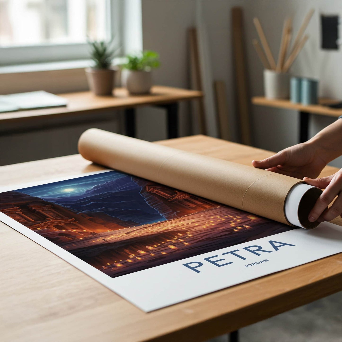 Petra Poster - Jordan Travel Art - Ancient Treasury Illuminated Home Decor