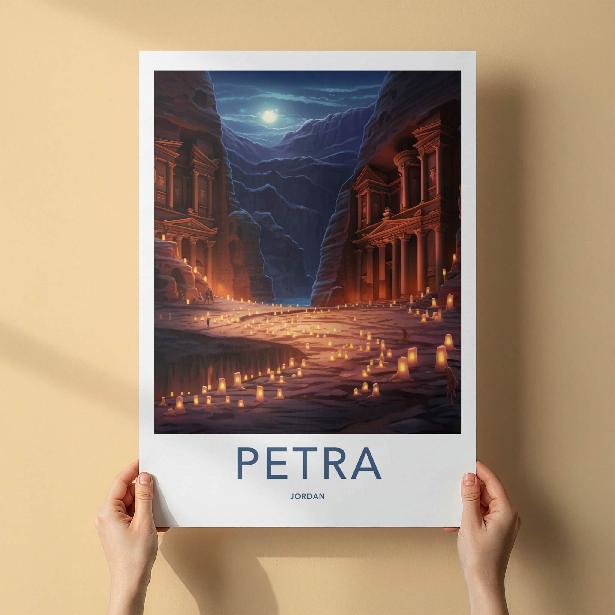 Petra Poster - Jordan Travel Art - Ancient Treasury Illuminated Home Decor