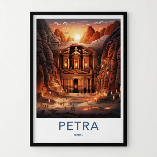 Petra Poster - Jordan Travel Art - Ancient Treasury Sunset Home Decor