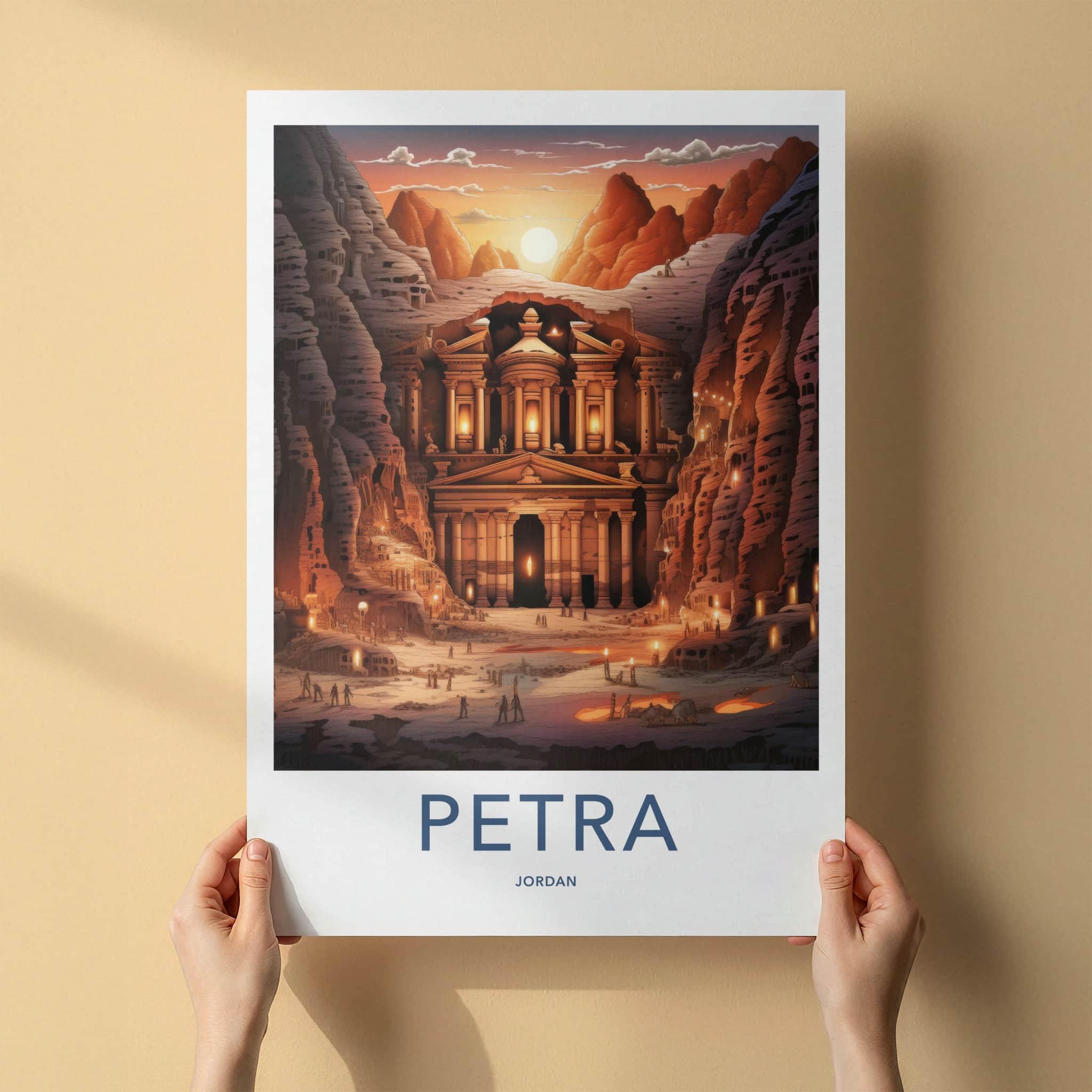 Petra Poster - Jordan Travel Art - Ancient Treasury Sunset Home Decor