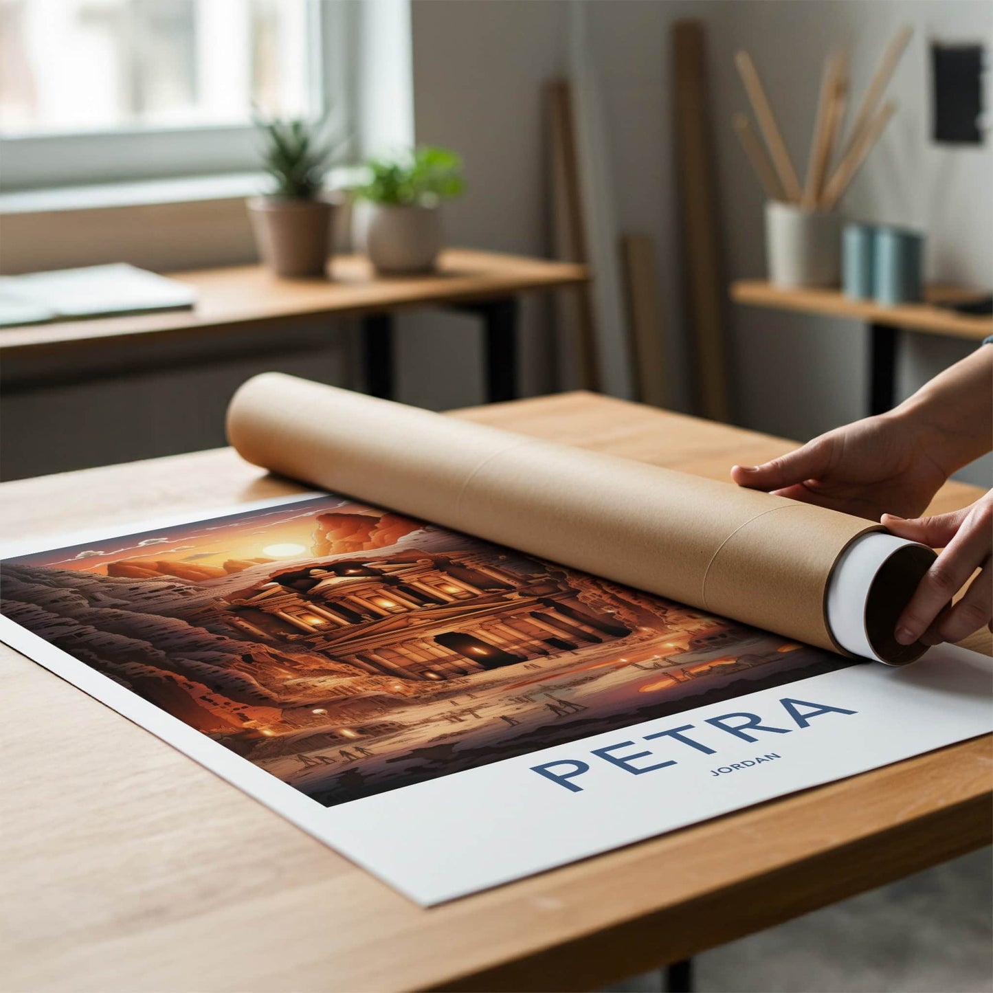 Petra Poster - Jordan Travel Art - Ancient Treasury Sunset Home Decor